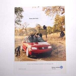 Volkswagen Jetta Safari Chimpanzee Print Ad Retro Drivers Wanted 2001 Garage Art